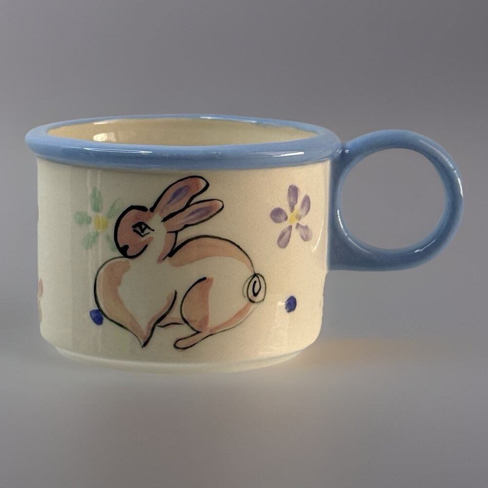 Vtg White Dog Pottery Small Mug Easter Bunny Rabbit Jane Hillman Signed